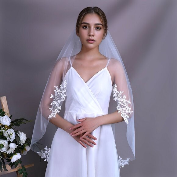 BRIDELLA BV49 Ivory Lace Bridal Short Veil Hip Length Wedding Accessories - Picture 1 of 11